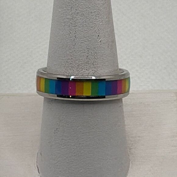 NWOT Size 9 Metallic silver titanium steel band with rainbow enamel - Picture 1 of 4